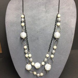 Silver Double Chain Necklace White Swirl Ball Circle Retro BoHo